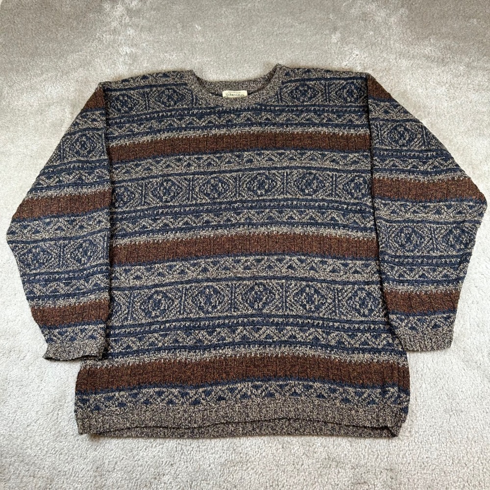 Vintage St. John's Bay Sweater Mens M Blue Brown Geometric Crewneck Pullover USA